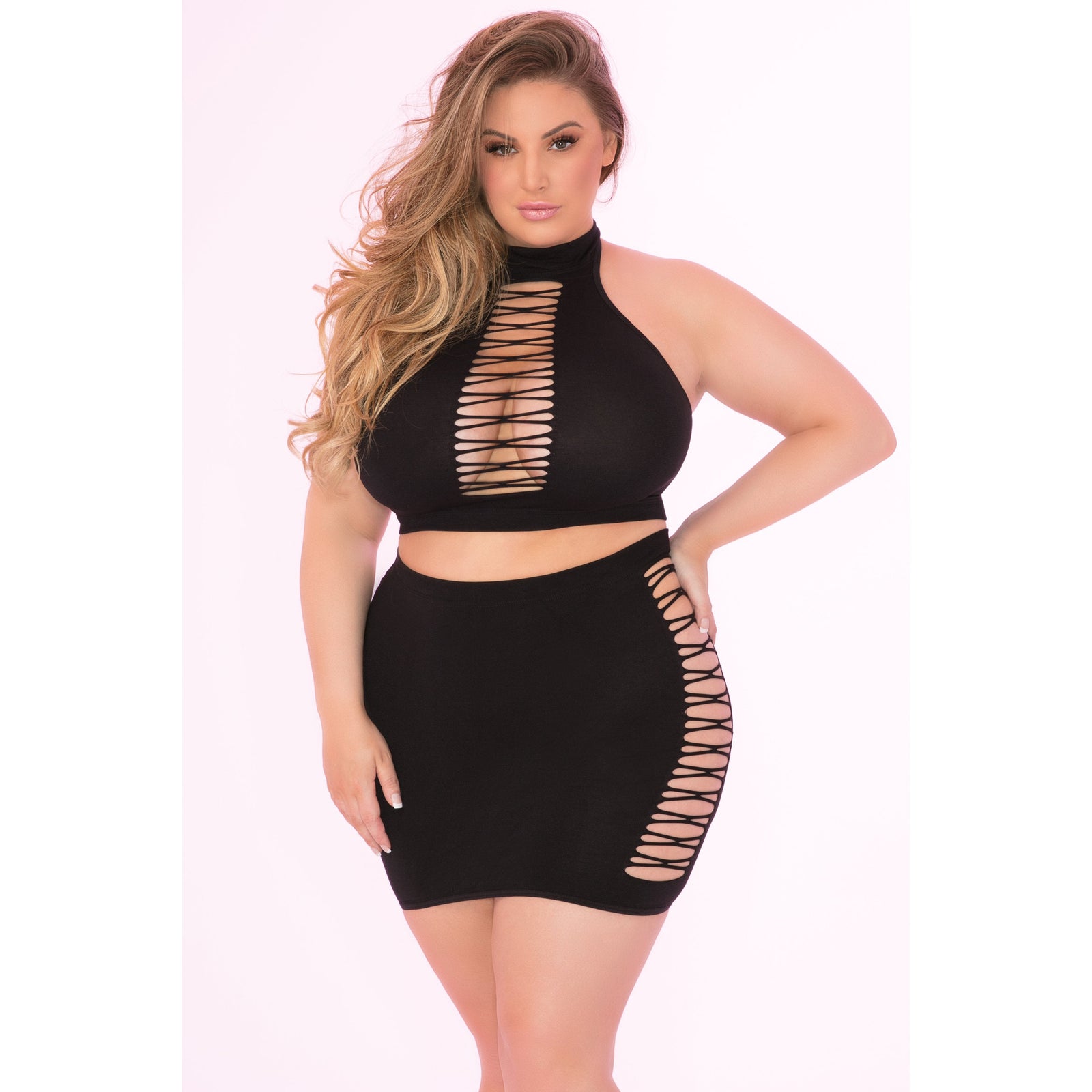 Pink Lipstick - Pair Down 2 Pieces High Neck Set Costume Queen (Black) - Black / Queen - Dresses