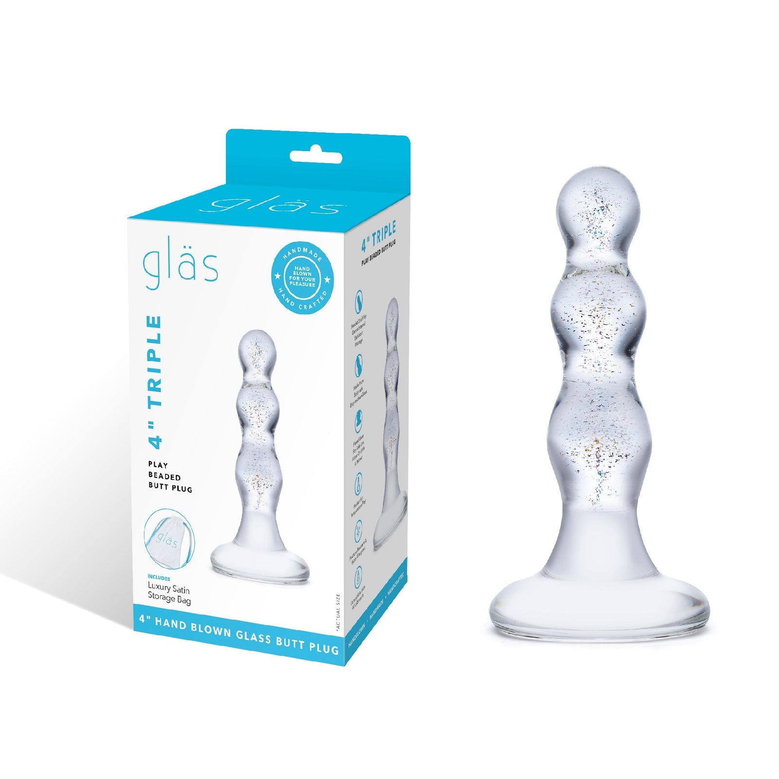 Glas - Triple Play Beaded Butt Plug 4’’ (Clear) - Clear - Glass Anal Plug (Non Vibration)