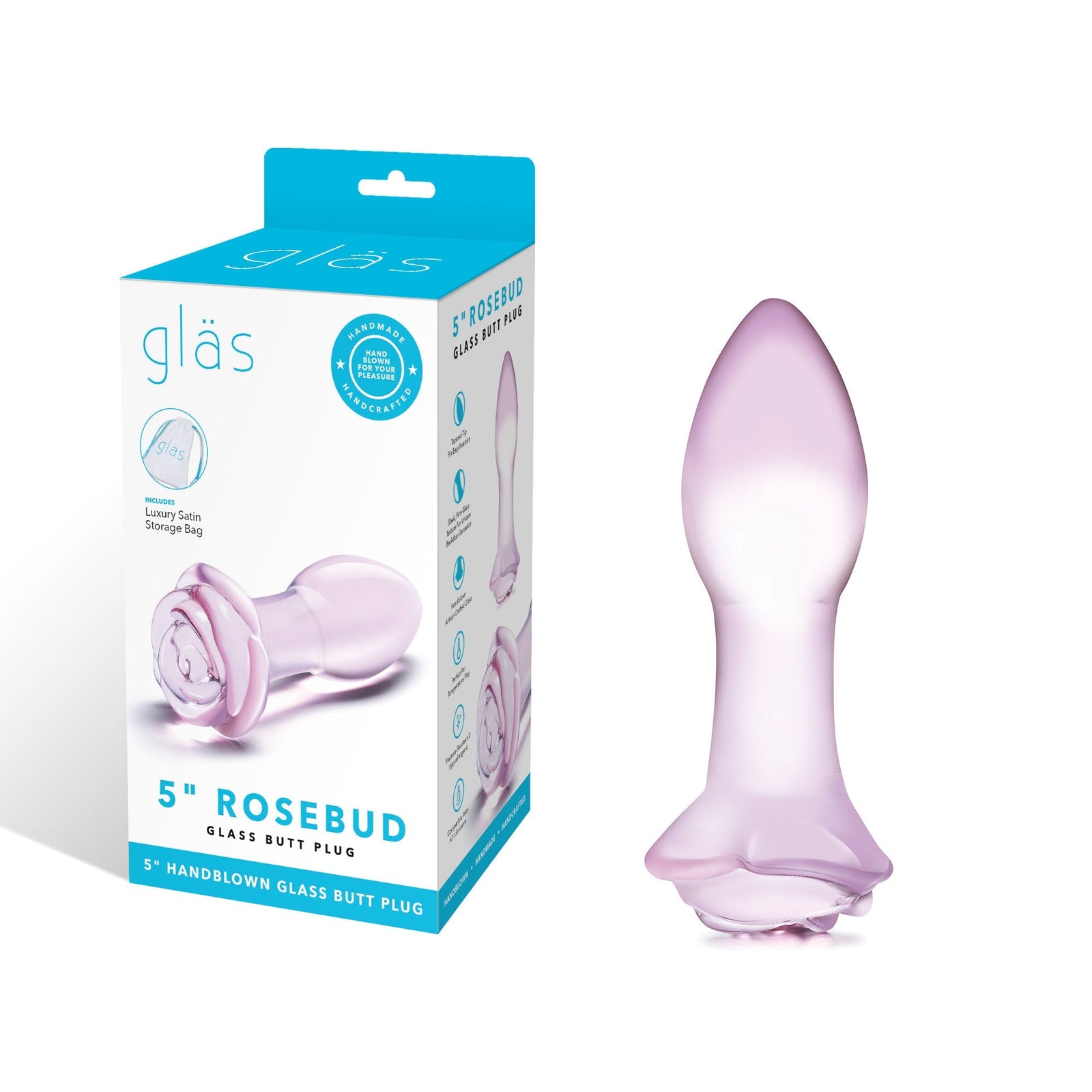 Glas - Rosebud Glass Butt Plug 5’’ (Pink) - Pink - Glass Anal Plug (Non Vibration)