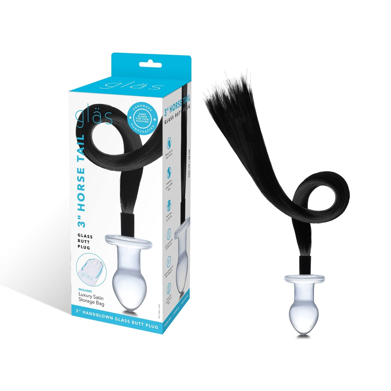 Glas - Horse Tail Glass Butt Plug 3’’ (Clear) - Clear - Glass Anal Plug (Non Vibration)