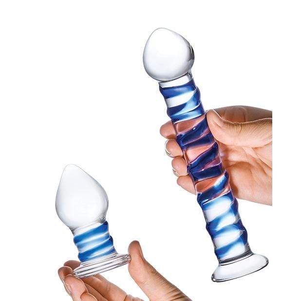 Glas - 2 Pc Double Penetration Glass Swirly Dildo and Butt Plug Set (Clear) Glass Dildo (Non Vibration) 4890808238660 CherryAffairs