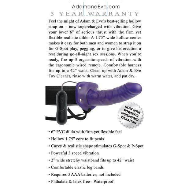 Adam & Eve - Universal Vibrating Hollow Strap On with Remote (Purple) Strap On with Hollow Dildo for Male (Vibration) Non Rechargeable