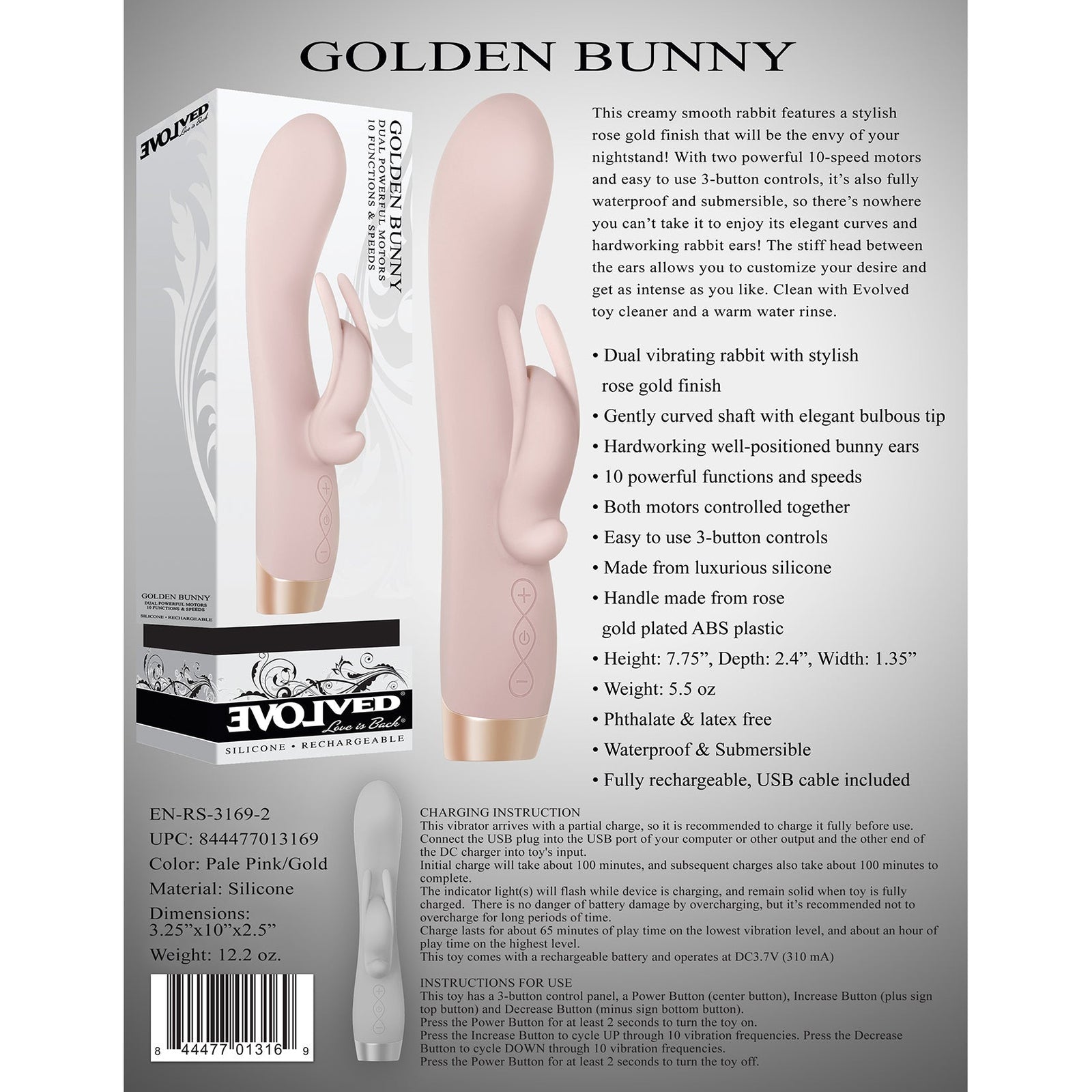 Evolved - Golden Bunny Dual Powerful Rabbit Vibrator (Pink) - Pink - Rabbit Dildo (Vibration) Rechargeable