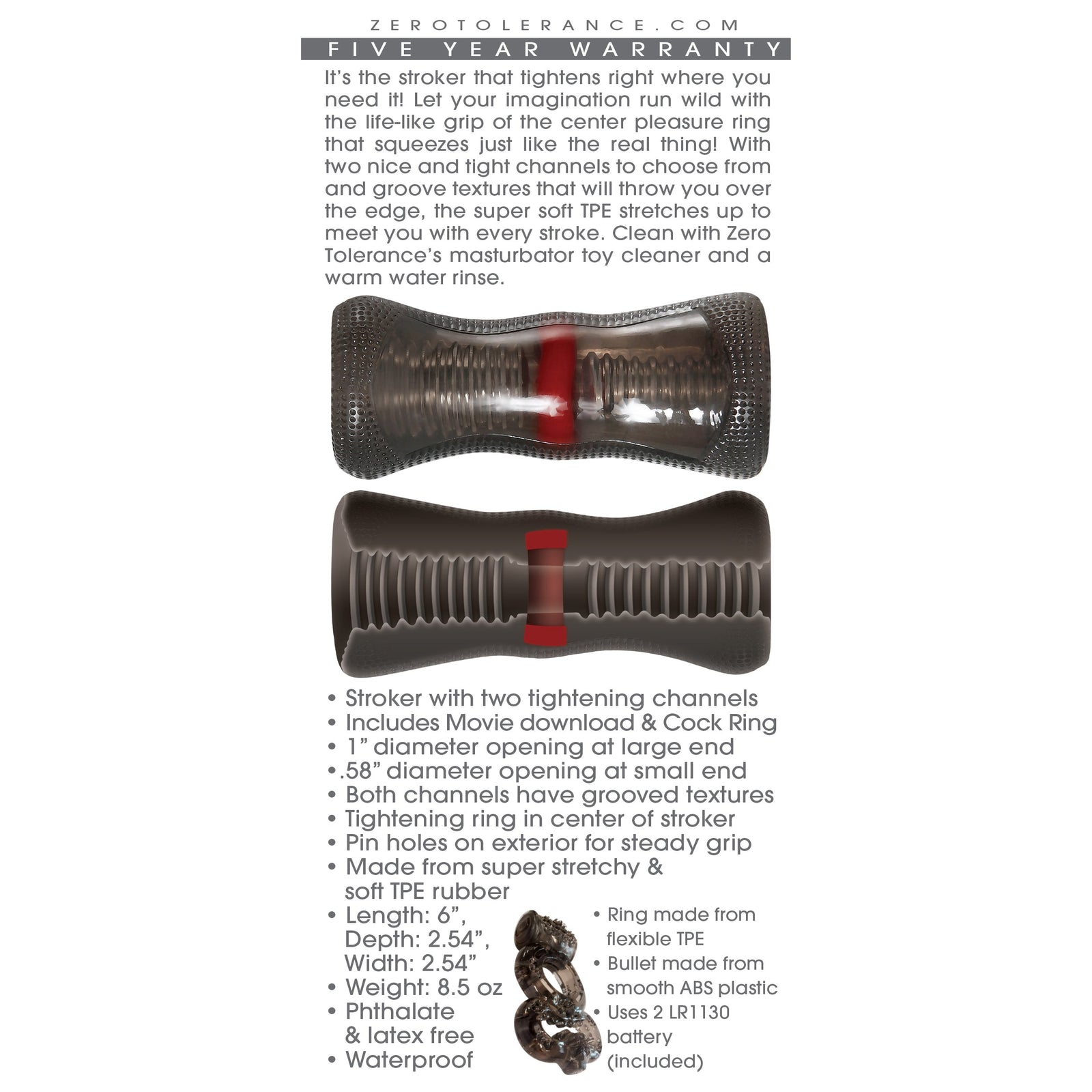 Zero Tolerance - The Vortex Soft Stroker with Vibrating Cock Ring (Black) - Black - Masturbator Soft Stroker (Non