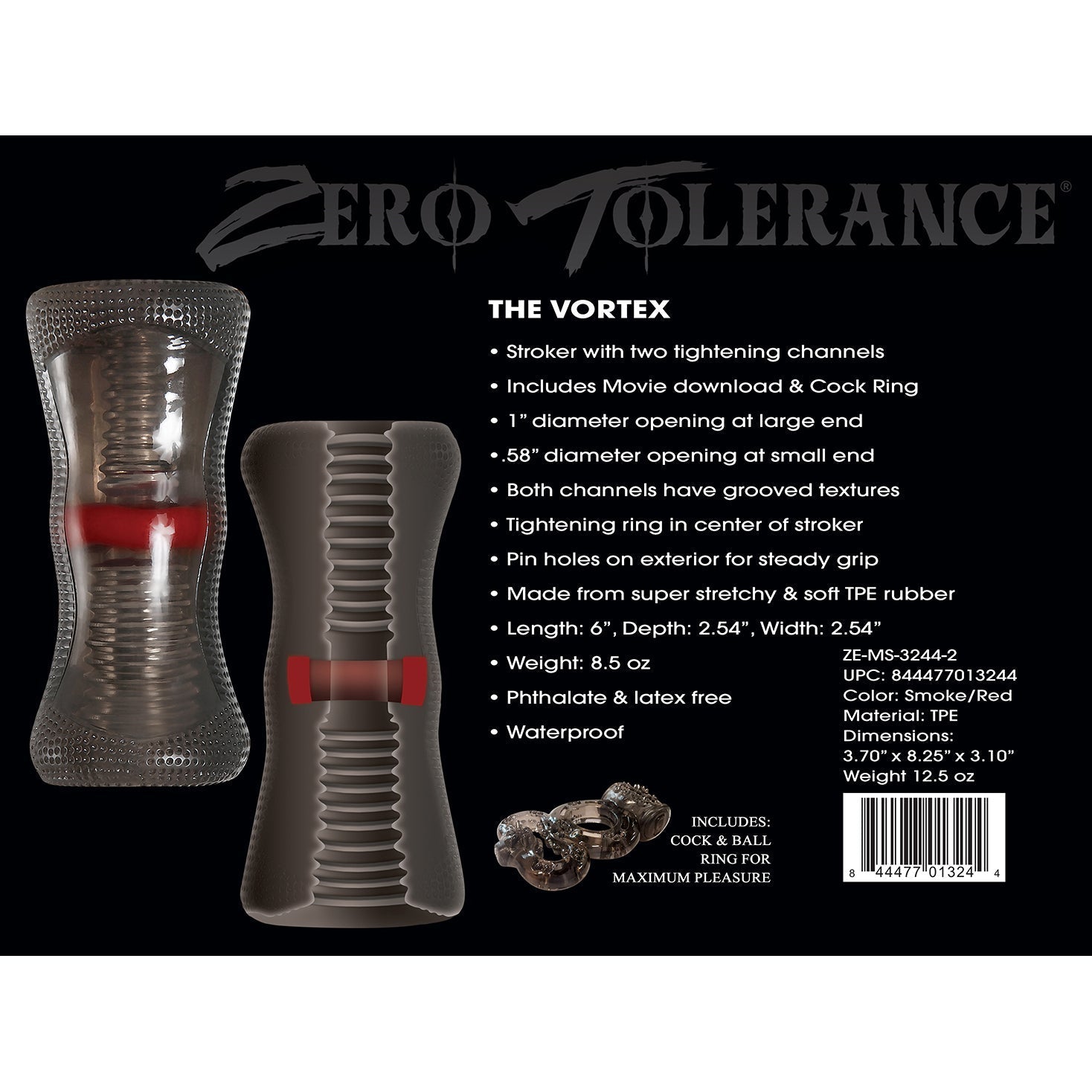 Zero Tolerance - The Vortex Soft Stroker with Vibrating Cock Ring (Black) - Black - Masturbator Soft Stroker (Non