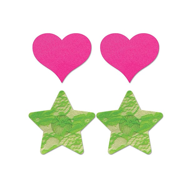 Fantasy Lingerie - Fashion Pasties Set Pack of 2 UV Reactive Neon Heart and Lace Star Pasties O/S (Green/Pink) Costumes 622637501 CherryAffairs