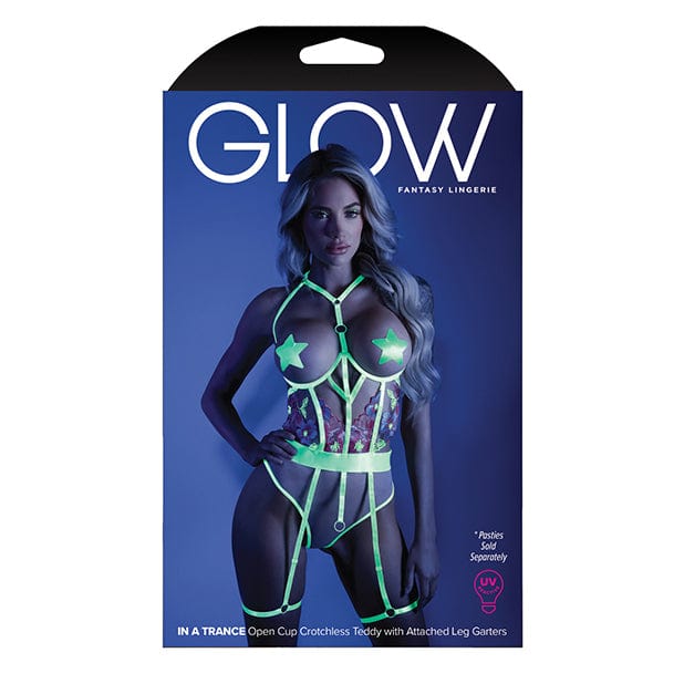 Fantasy Lingerie - Glow Light In A Trance Embroidered Open Cup Crotchless Teddy with Leg Garters L/XL (Neon Chartreuse) Teddy 622643456 CherryAffairs