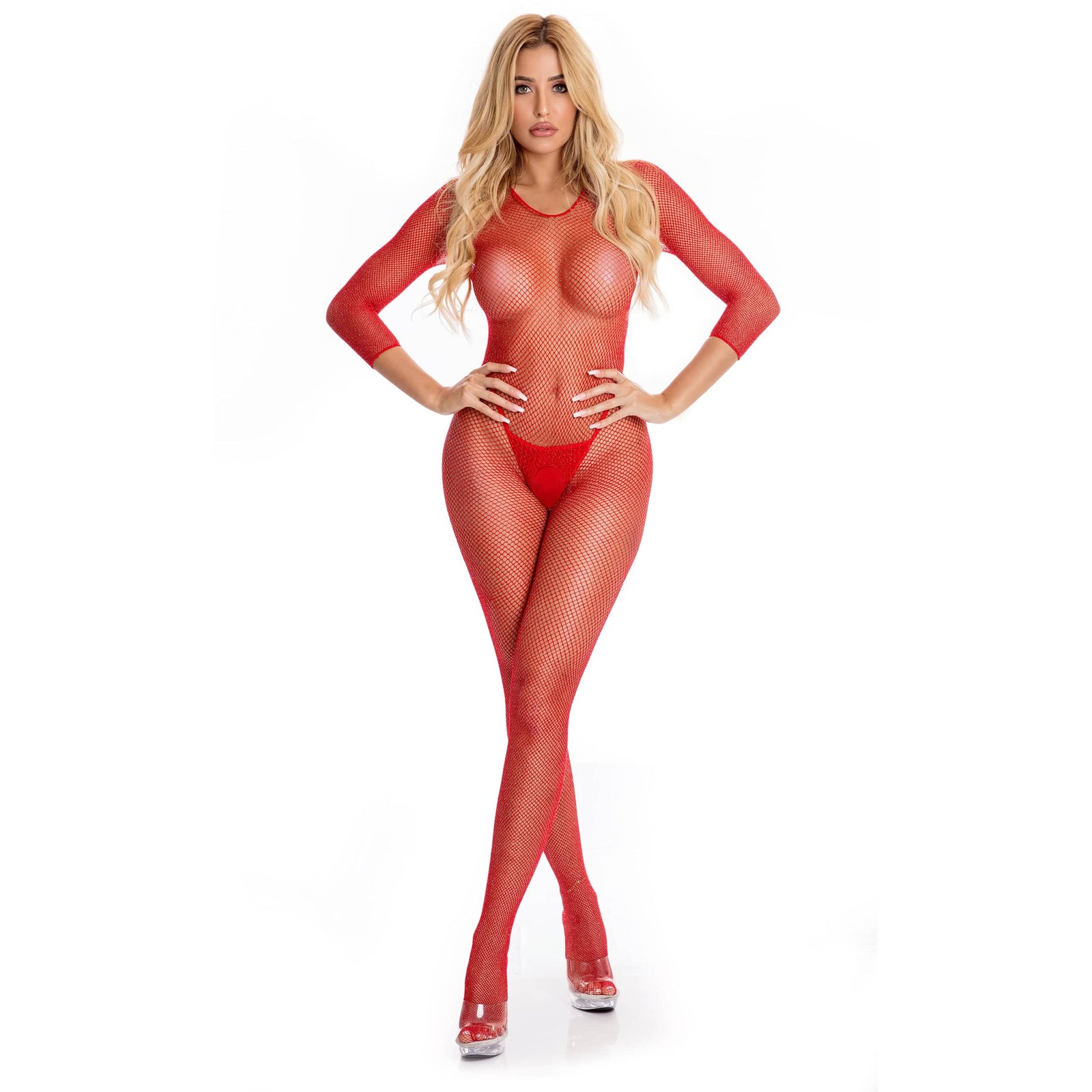 Pink Lipstick - Risque Crotchless Bodystocking Costume S/M (Red) Bodystockings 017036488870 CherryAffairs