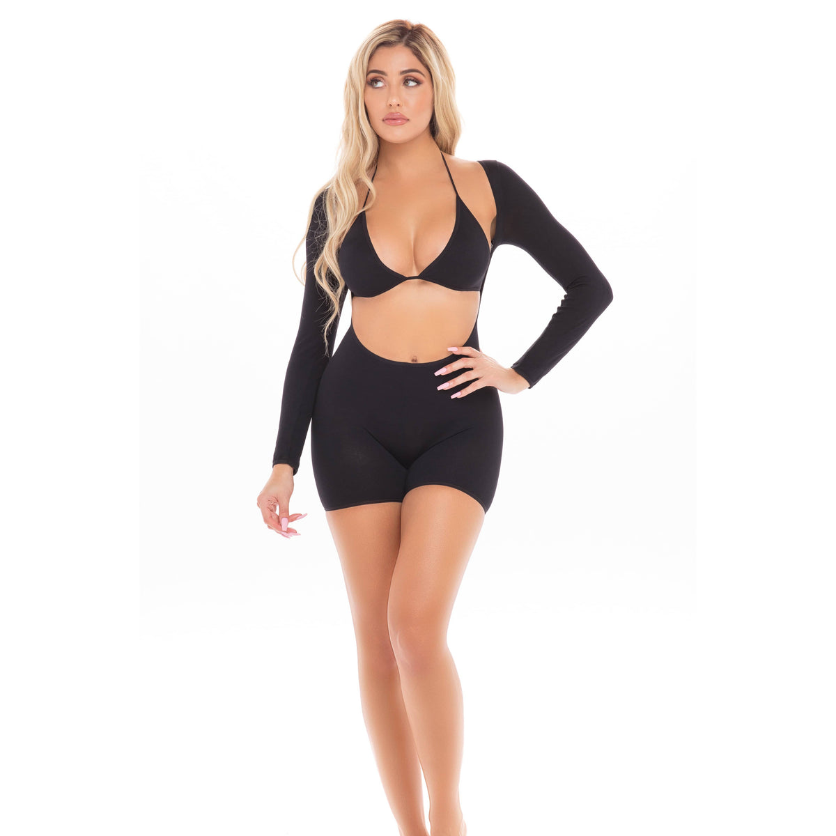 Pink Lipstick - Knockout 2Pc Playsuit Costume Set O/S (Black) Bodysuits 0196018134315 CherryAffairs