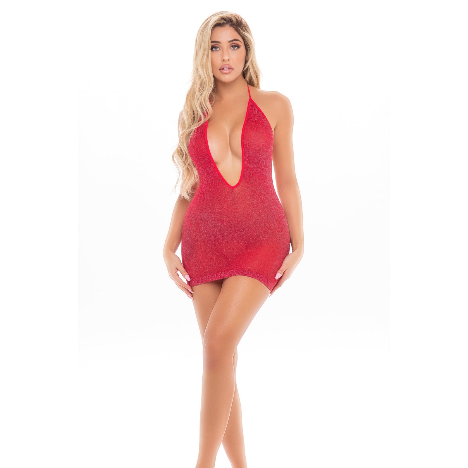 Pink Lipstick - Love Bite Plunge Halter Dress Costume O/S (Red) Dresses 0196018134438 CherryAffairs