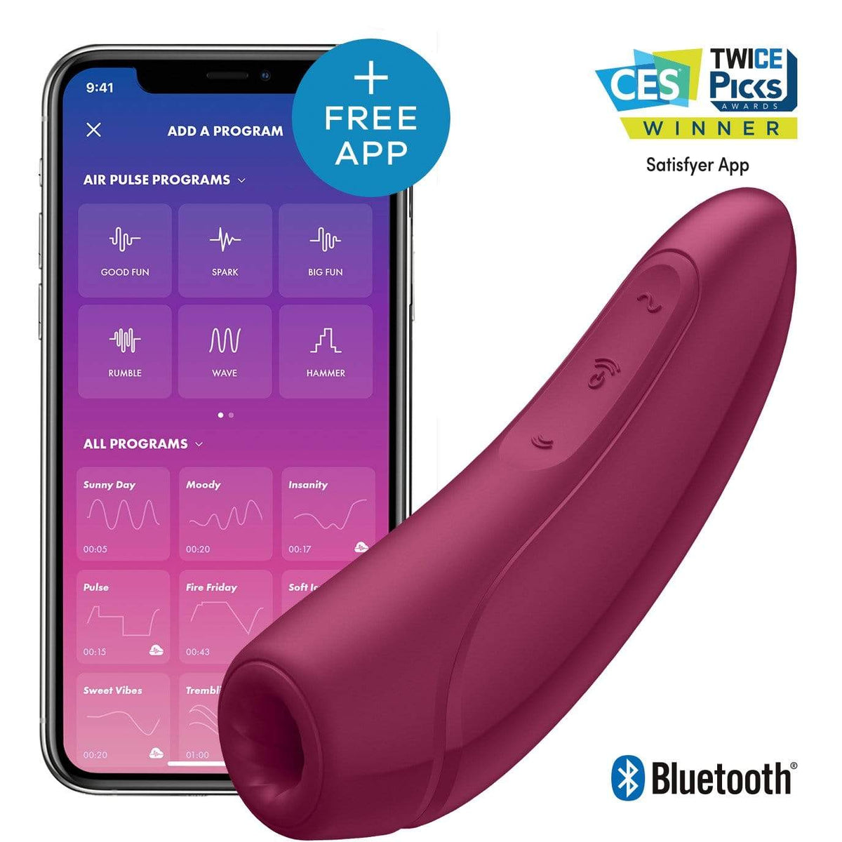 Satisfyer - Curvy 1+ App-Controlled Air Pulse Stimulator Vibrator (Rose Red) Clit Massager (Vibration) Rechargeable 289885089 CherryAffairs