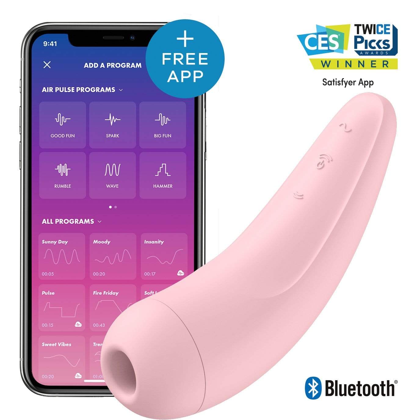 Satisfyer - Curvy 2+ App-Controlled Air Pulse Stimulator Vibrator (Pink) Clit Massager (Vibration) Rechargeable 289885180 CherryAffairs