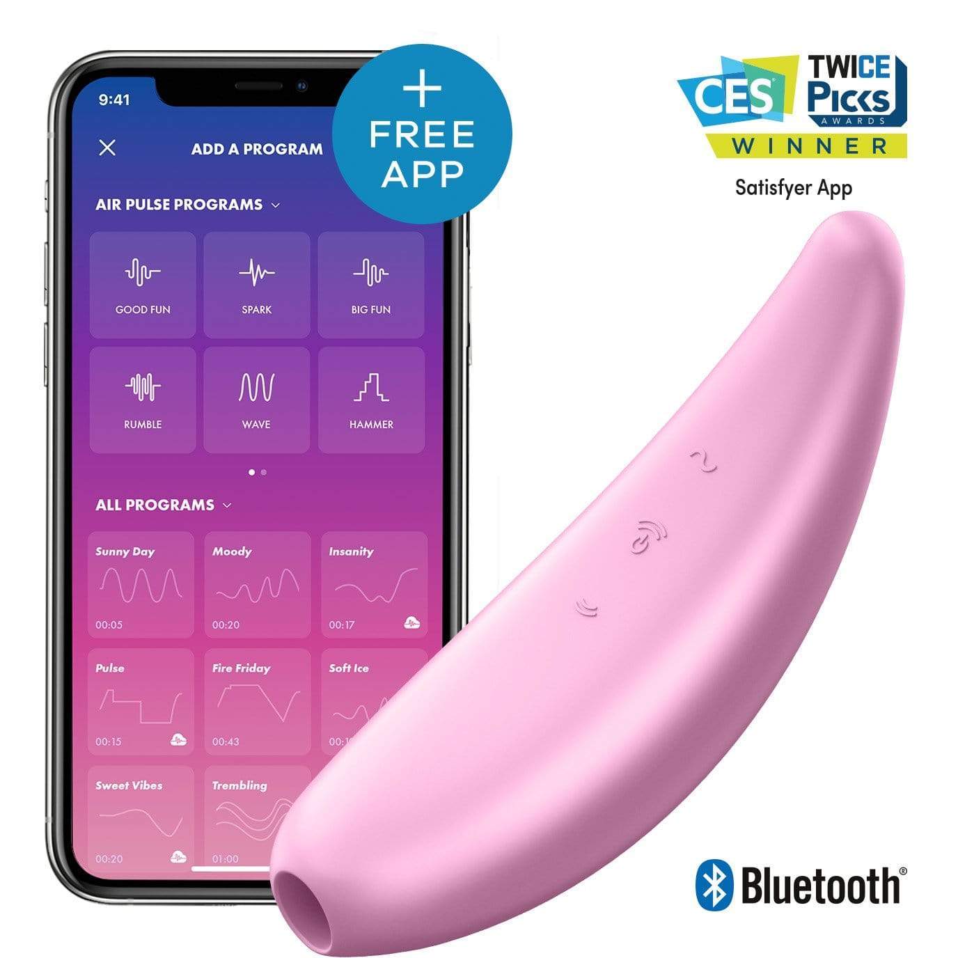 Satisfyer - Curvy 3+ App-Controlled Air Pulse Stimulator Vibrator (Pink) Clit Massager (Vibration) Rechargeable 289876916 CherryAffairs