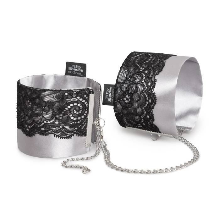 Fifty Shades of Grey - Play Nice Satin & Lace Wrist Cuffs (Grey) Hand/Leg Cuffs 5060462638796 CherryAffairs