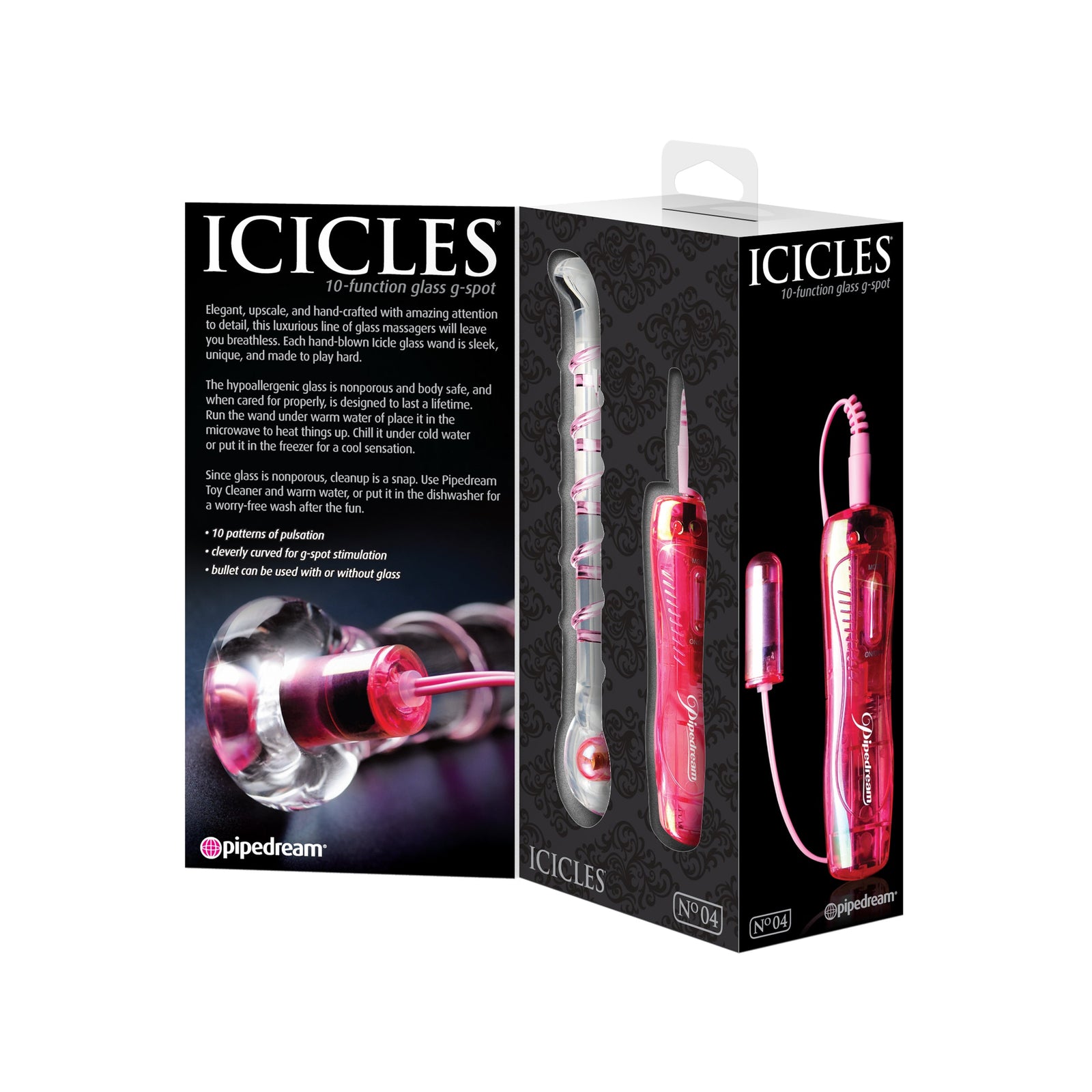 Pipedream - Icicles No. 4 Glass Vibrator 7’’ (Clear) - Red - Glass Dildo (Vibration) Non Rechargeable