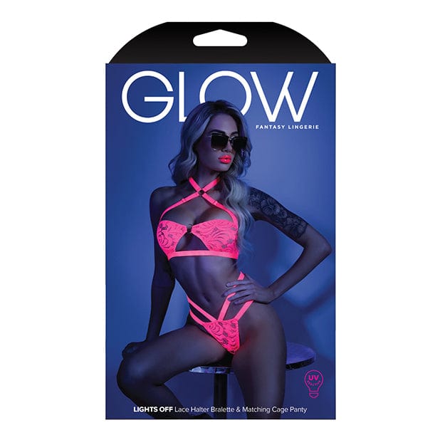 Fantasy Lingerie - Glow Light Lights Off Lace Halter Bandeau Bralette with Cage Panty Lingerie Set S/M (Neon Pink) Lingerie Set 657447305153 CherryAffairs