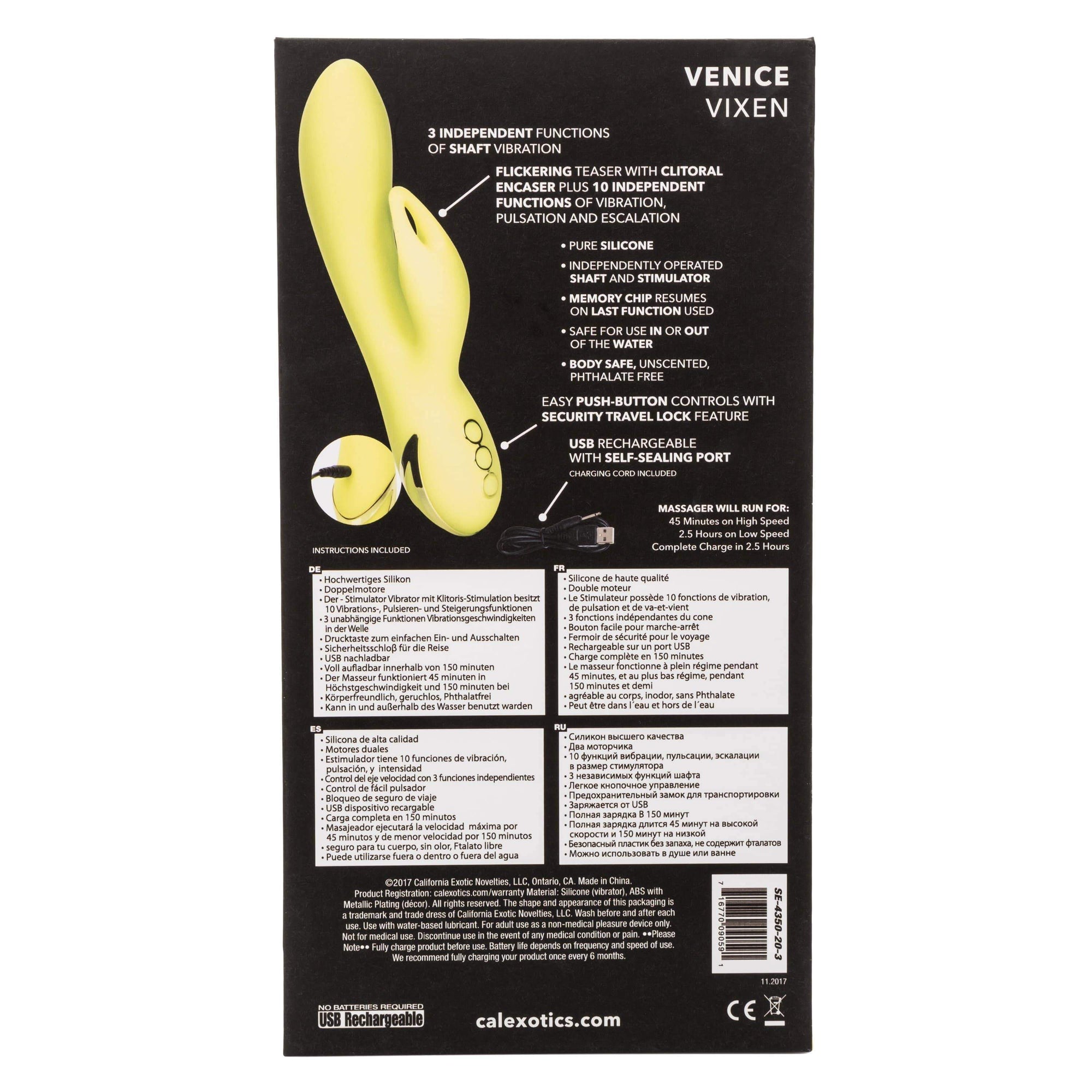 California Exotics - California Dreaming Venice Vixen Rabbit Vibrator (Yellow) Rabbit Dildo (Vibration) Rechargeable 716770090591 CherryAffairs