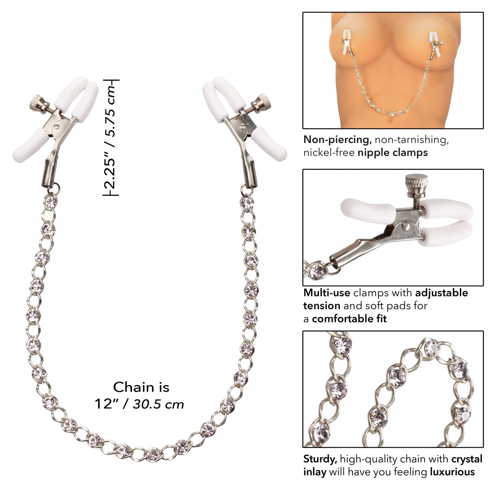 California Exotics - Nipple Play Crystal Chain Nipple Clamps (Silver) Nipple Clamps (Non Vibration) 716770091215 CherryAffairs