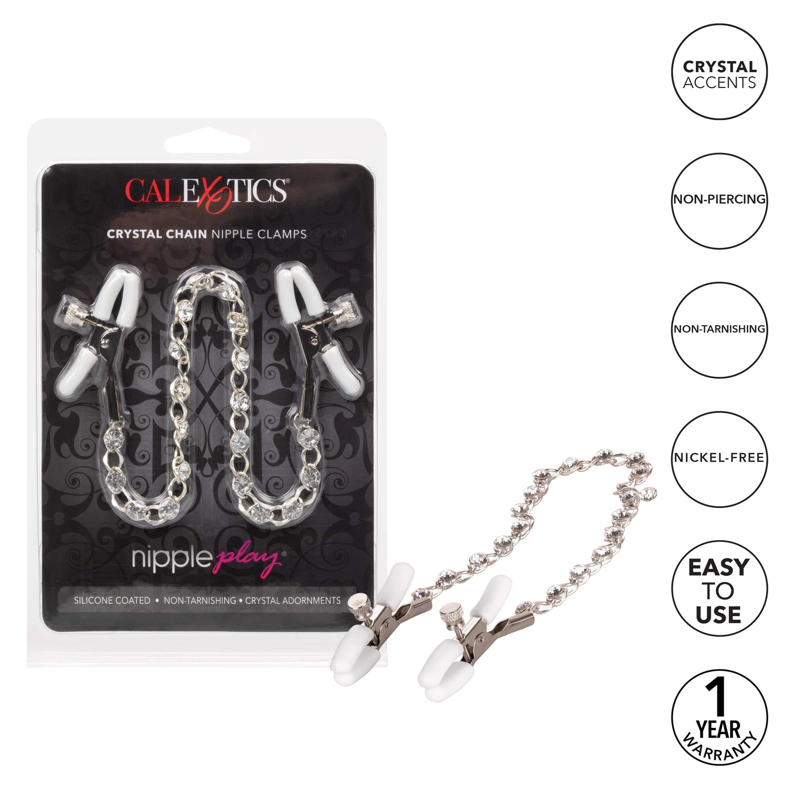 California Exotics - Nipple Play Crystal Chain Nipple Clamps (Silver) Nipple Clamps (Non Vibration) 716770091215 CherryAffairs
