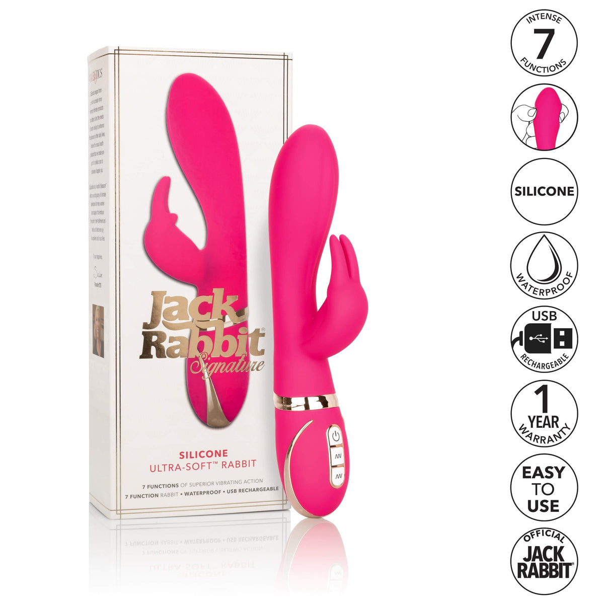 California Exotics - Jack Rabbit Signature Silicone Ultra Soft Rabbit Vibrator (Pink) Rabbit Dildo (Vibration) Rechargeable Durio Asia