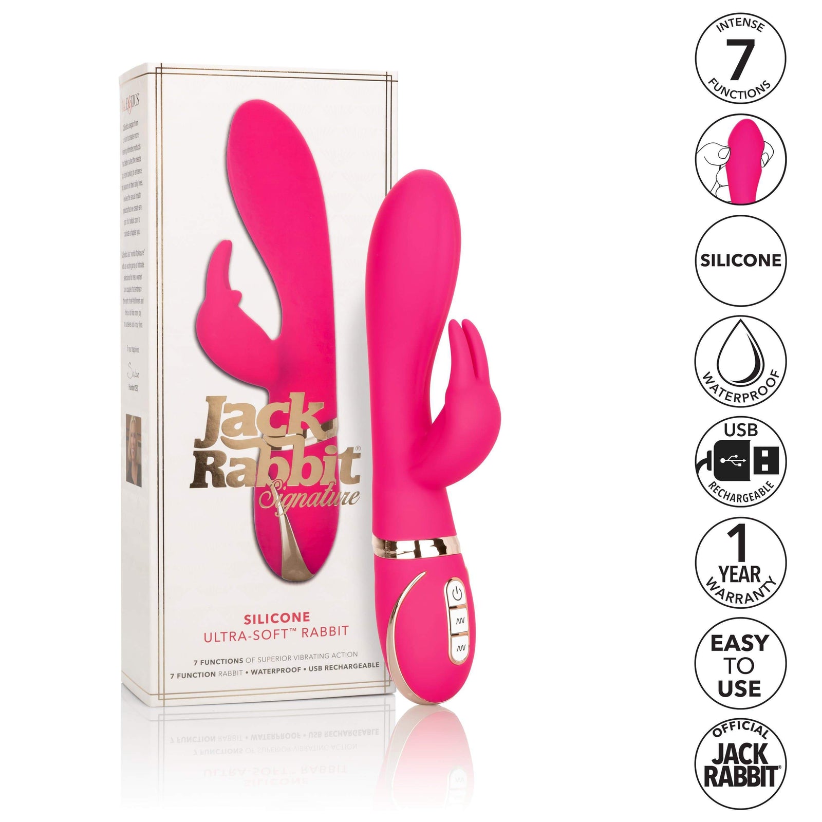 California Exotics - Jack Rabbit Signature Silicone Ultra Soft Rabbit Vibrator (Pink) Rabbit Dildo (Vibration) Rechargeable Durio Asia
