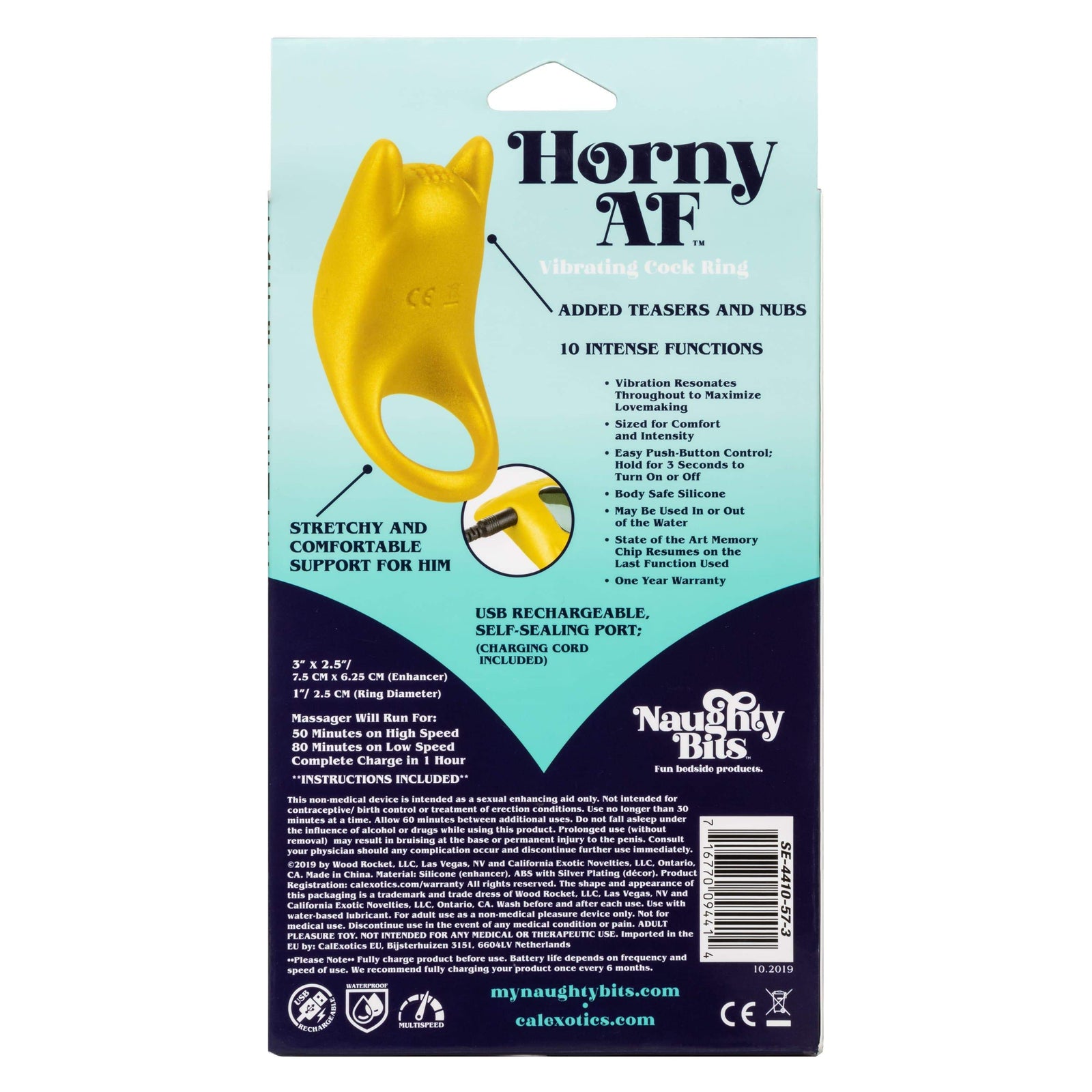 California Exotics - Naughty Bits Horny AF Vibrating Cock Ring (Yellow) Silicone Cock Ring (Vibration) Rechargeable 716770094414 CherryAffairs