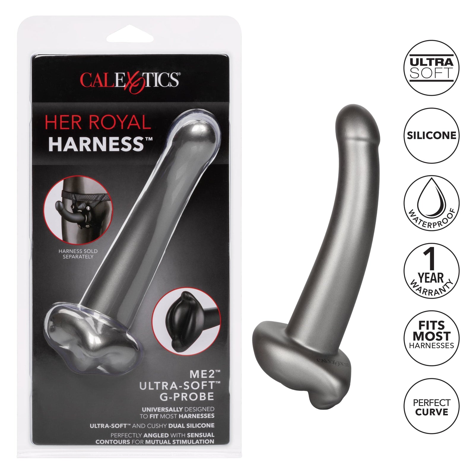 California Exotics - Her Royal Harness Me2 Ultra Soft G Probe Strap On Dildo (Black) Non Realistic Dildo with suction cup (Non Vibration) 716770094674 CherryAffairs