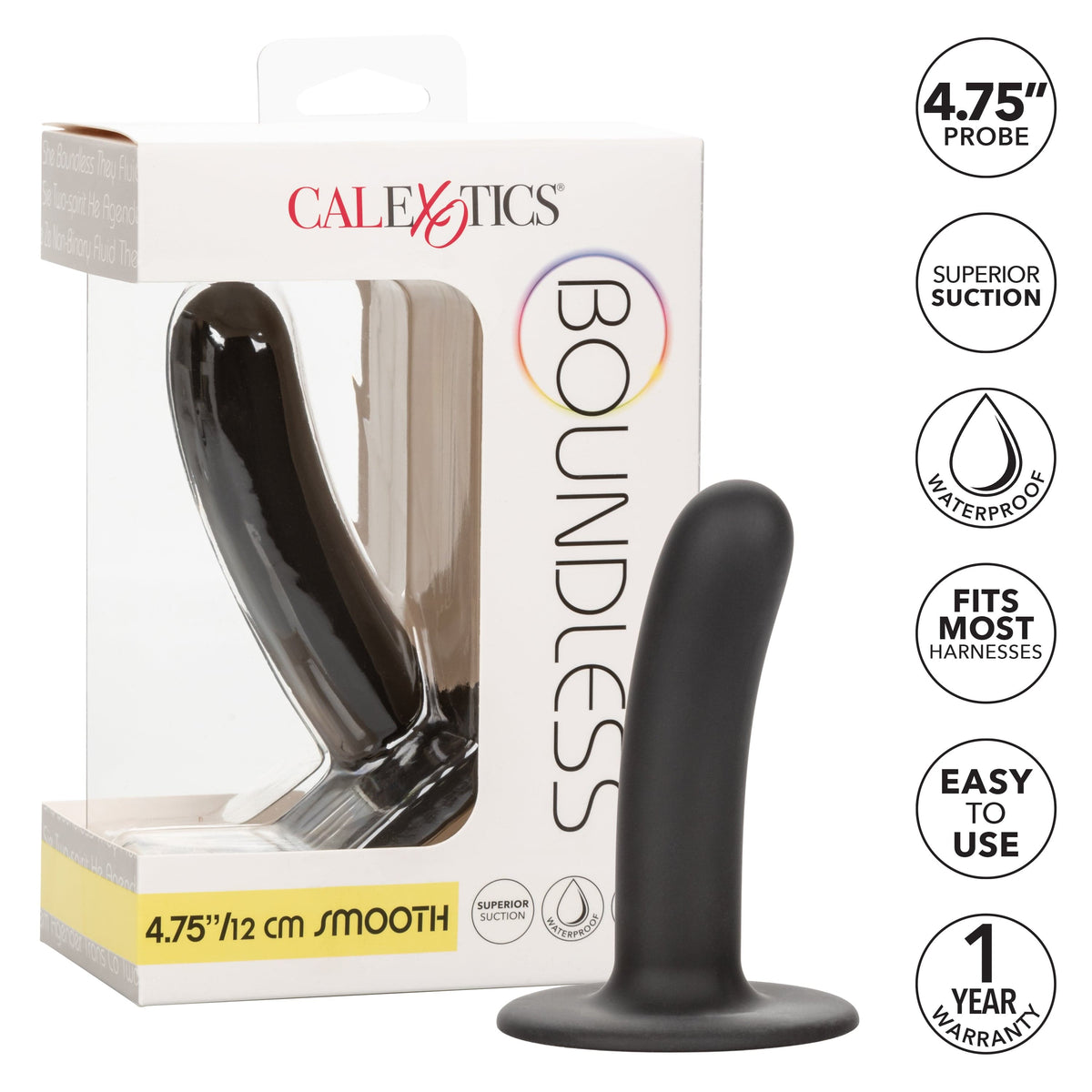 California Exotics - Boundless Smooth Pegging Probe Strap on Dildo 4.75&quot; (Black) Non Realistic Dildo with suction cup (Non Vibration) 716770096111 CherryAffairs