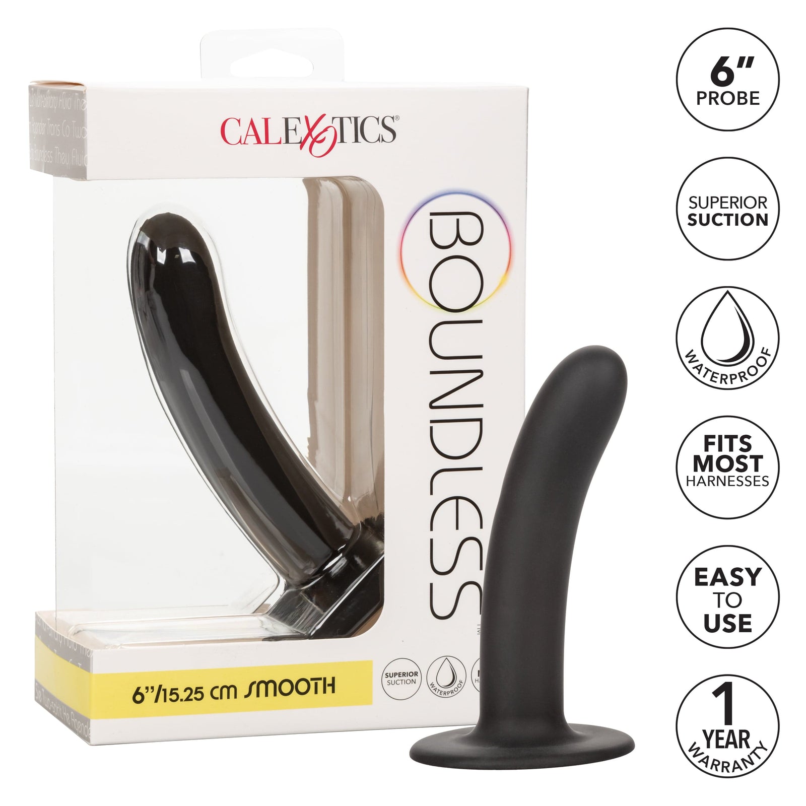 California Exotics - Boundless Smooth Pegging Probe Strap on Dildo 6" (Black) Non Realistic Dildo with suction cup (Non Vibration) 716770096135 CherryAffairs