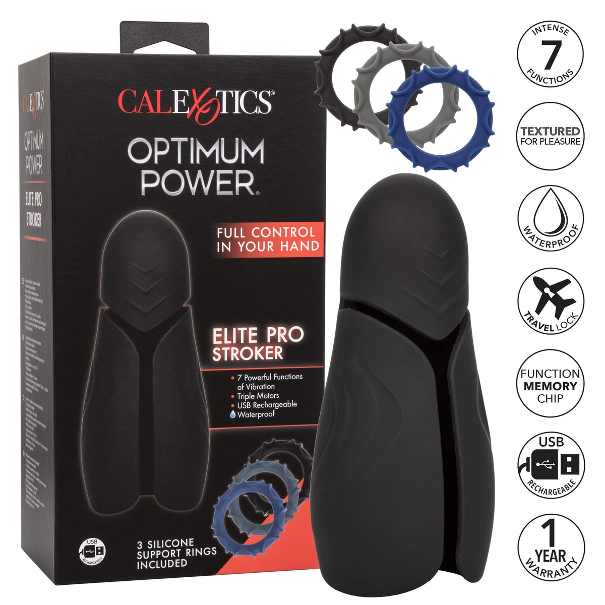California Exotics - Optimum Power Elite Pro Stroker Masturbator (Black) Masturbator Soft Stroker (Vibration) Rechargeable 716770097187 CherryAffairs
