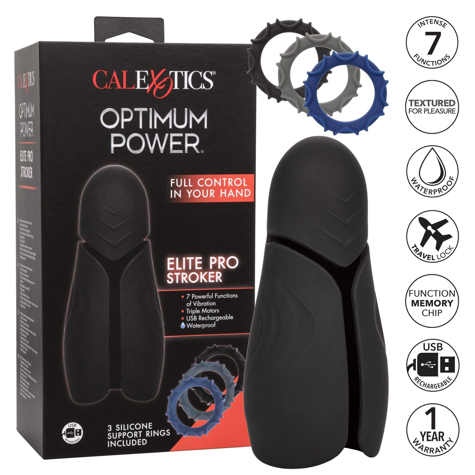California Exotics - Optimum Power Elite Pro Stroker Masturbator (Black) Masturbator Soft Stroker (Vibration) Rechargeable 716770097187 CherryAffairs