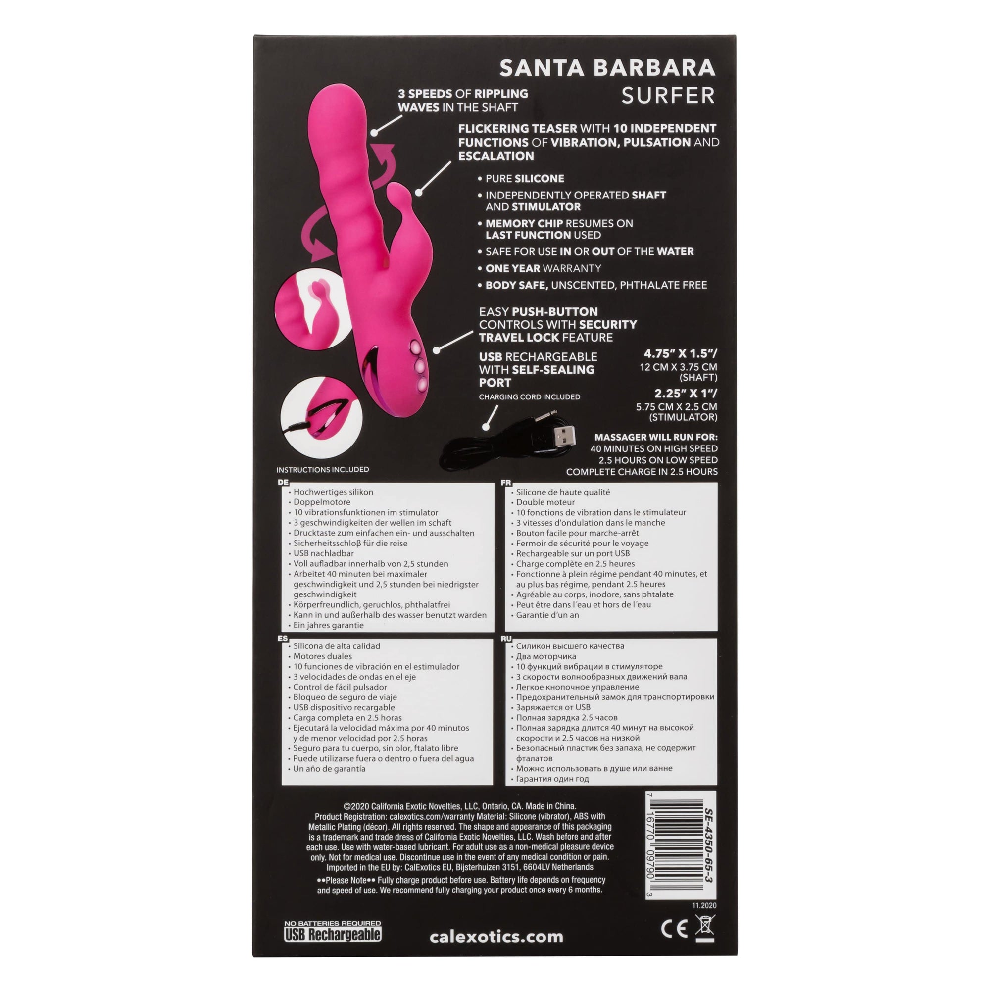 California Exotics - California Dreaming Santa Barbara Surfer Rabbit Vibrator (Pink) Rabbit Dildo (Vibration) Rechargeable 716770097903 CherryAffairs