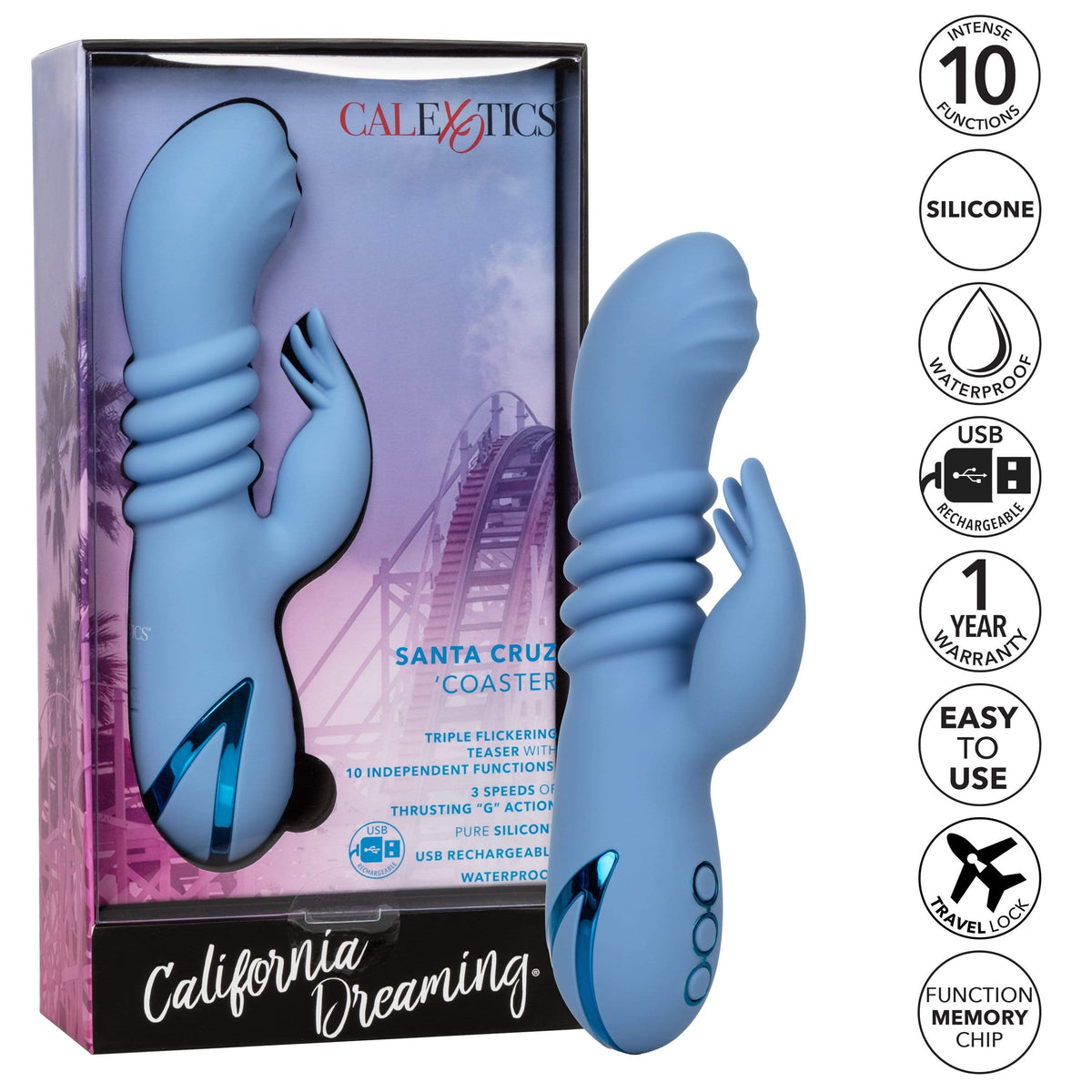 California Exotics - California Dreaming Santa Cruz &#39;Coaster Rabbit Vibrator (Blue) Rabbit Dildo (Vibration) Rechargeable 716770097910 CherryAffairs