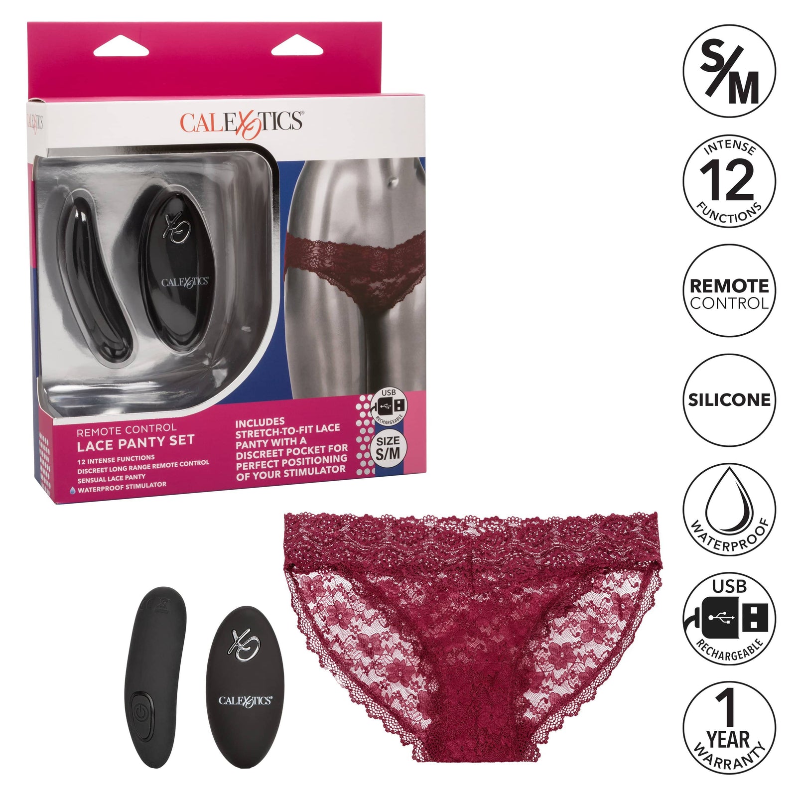 California Exotics - Remote Control Vibrating Lace Panty Set S/M (Burgundy) Panties Massager Remote Control (Vibration) Rechargeable 716770099228 CherryAffairs