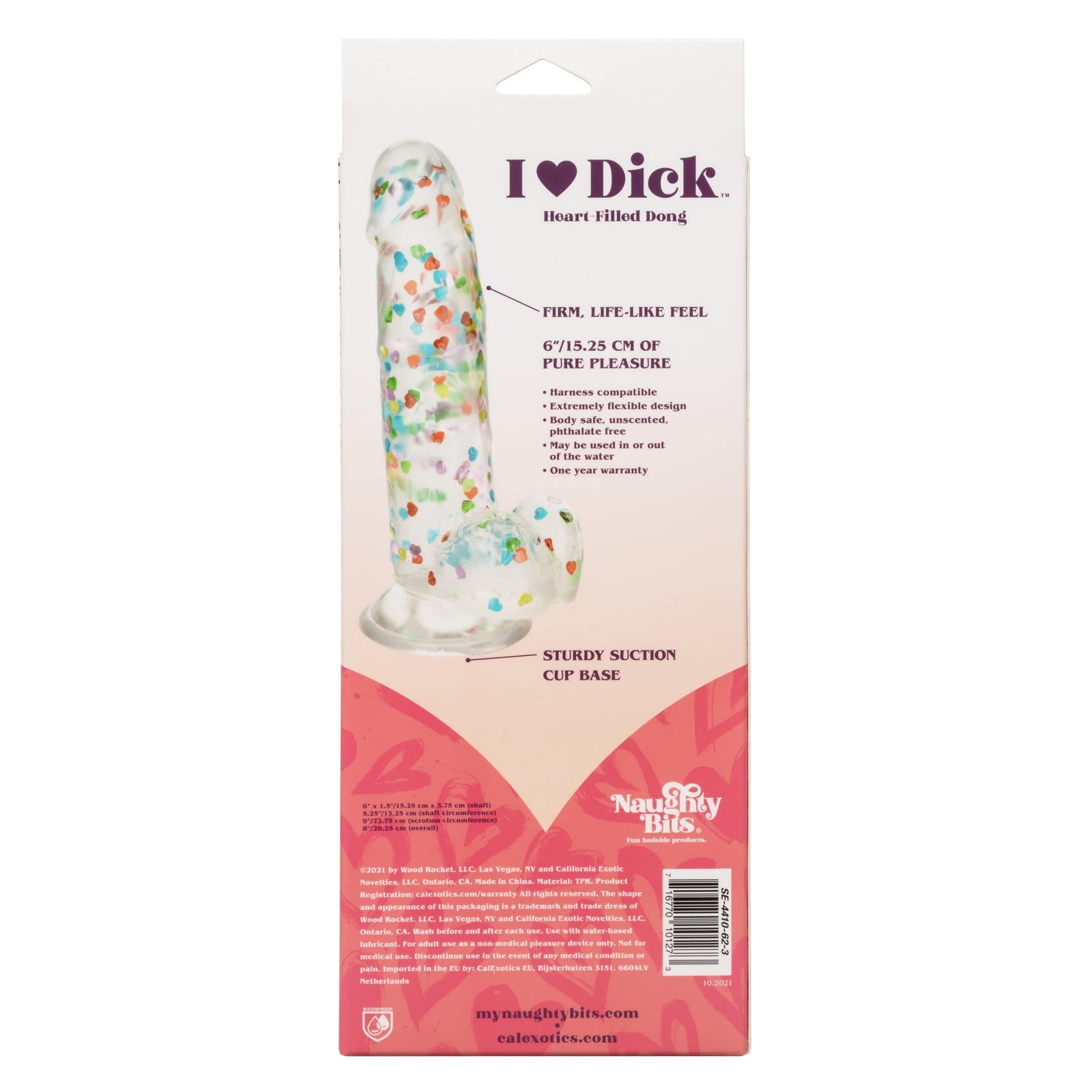 California Exotics - Naughty Bits I Love Dick Heart filled Dong Realistic Dildo with Balls 8" (Clear) Clit Massager (Vibration) Rechargeable 716770101273 CherryAffairs