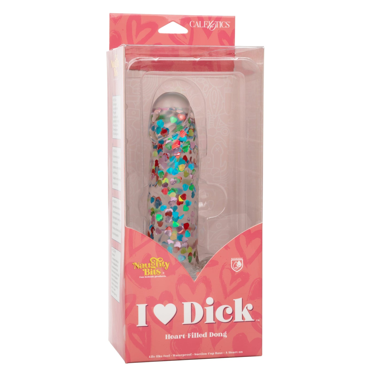 California Exotics - Naughty Bits I Love Dick Heart filled Dong Realistic Dildo with Balls 8" (Clear) Clit Massager (Vibration) Rechargeable 716770101273 CherryAffairs