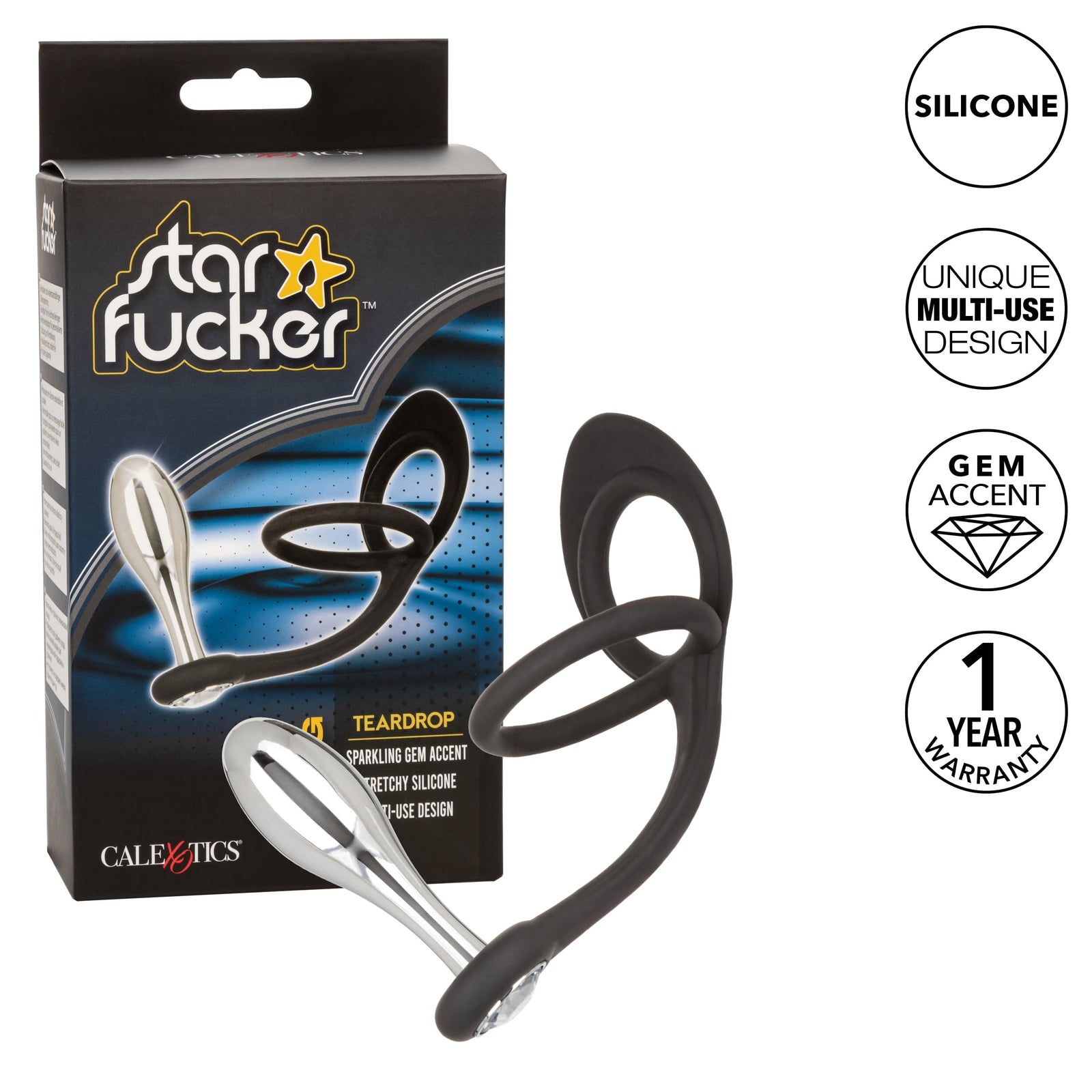 California Exotics - Star Fucker Teardrop Anal Plug with Cock Support (Silver) Anal Plug (Non Vibration) 716770102546 CherryAffairs