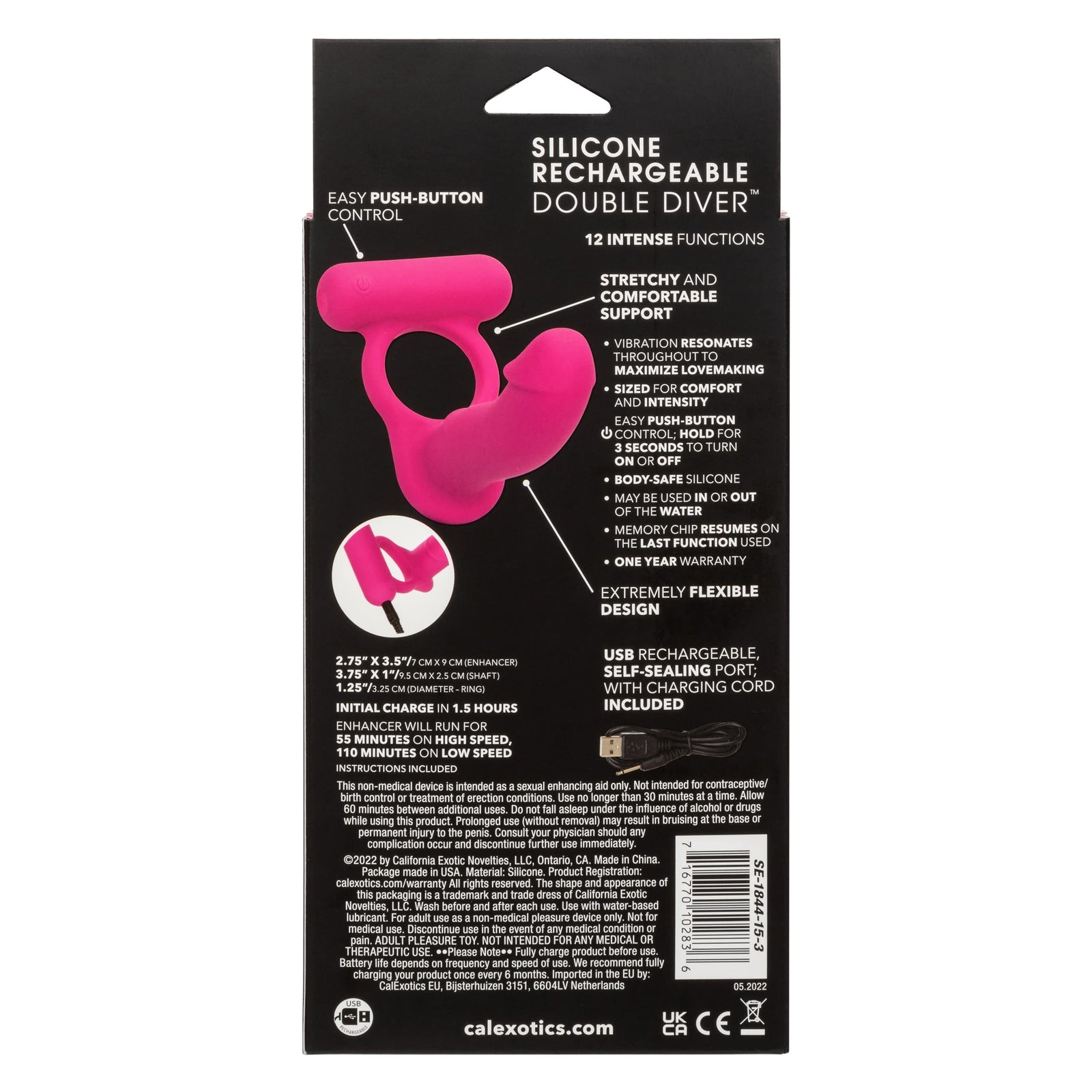 California Exotics - Silicone Rechargeable Double Diver Couple Cock Ring with Dildo (Pink) CE1997 CherryAffairs