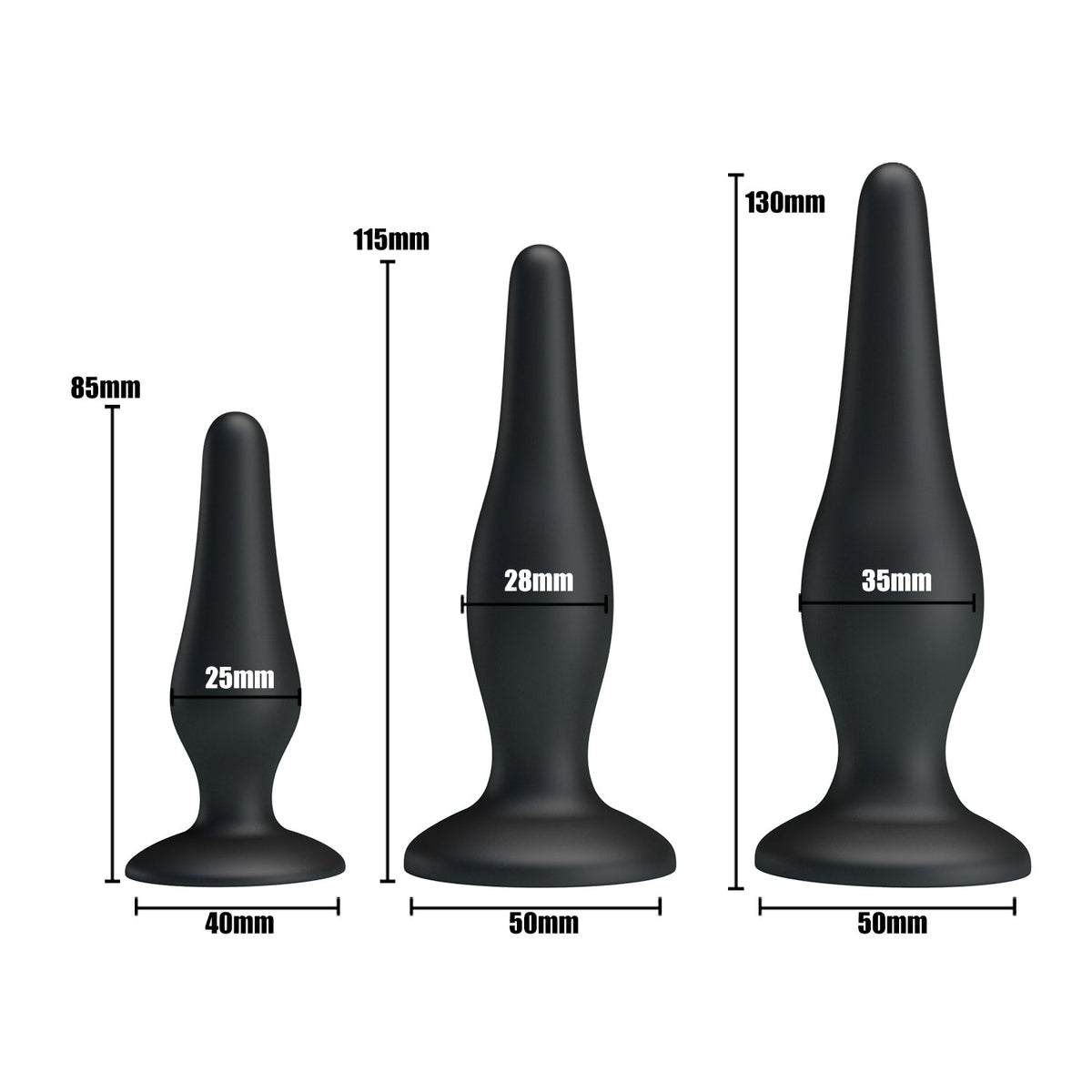 Pretty Love - Silicone Butt Plug Set (Black) - Black - Anal Kit (Non Vibration)
