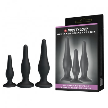 Pretty Love - Silicone Butt Plug Set (Black) - Black - Anal Kit (Non Vibration)