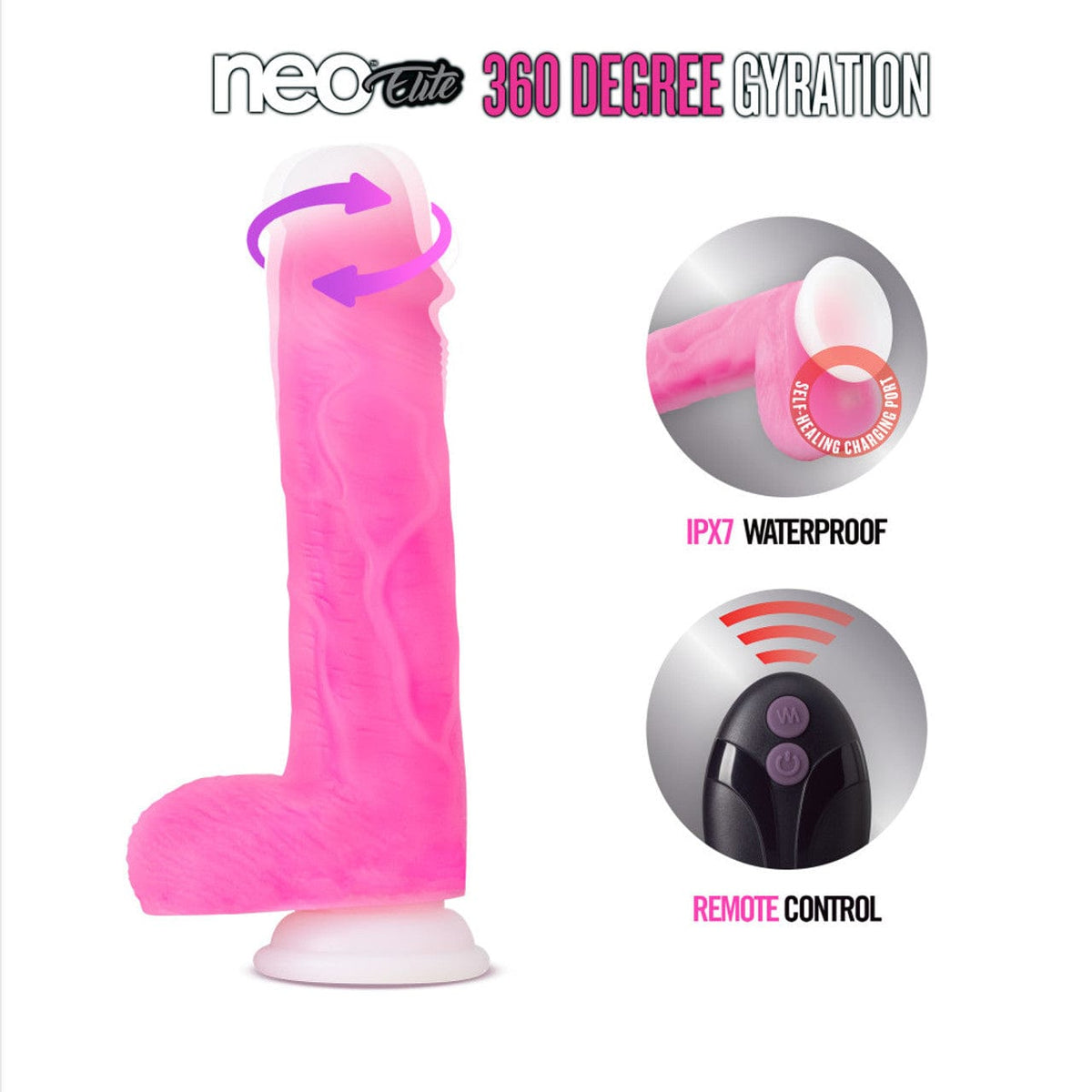 Blush Novelties - Neo Elite Roxy 360 Degree Gyrating Vibrating Realistic Dildo with Balls 8.5" (Pink) Realistic Dildo with suction cup (Vibration) Rechargeable 622626571 CherryAffairs