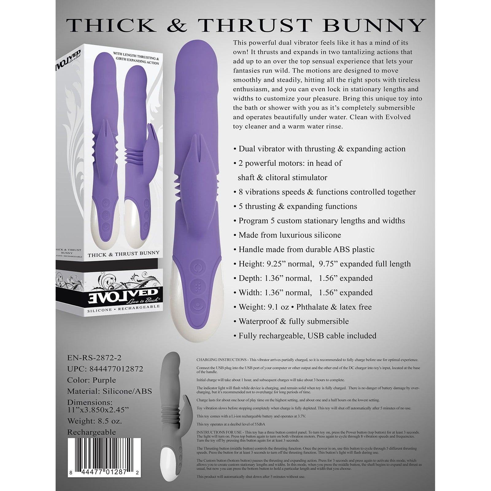 Evolved - Thick and Thrust Bunny Silicone Rechargeable Rabbit Vibrator (Purple) Rabbit Dildo (Vibration) Rechargeable 844477012872 CherryAffairs