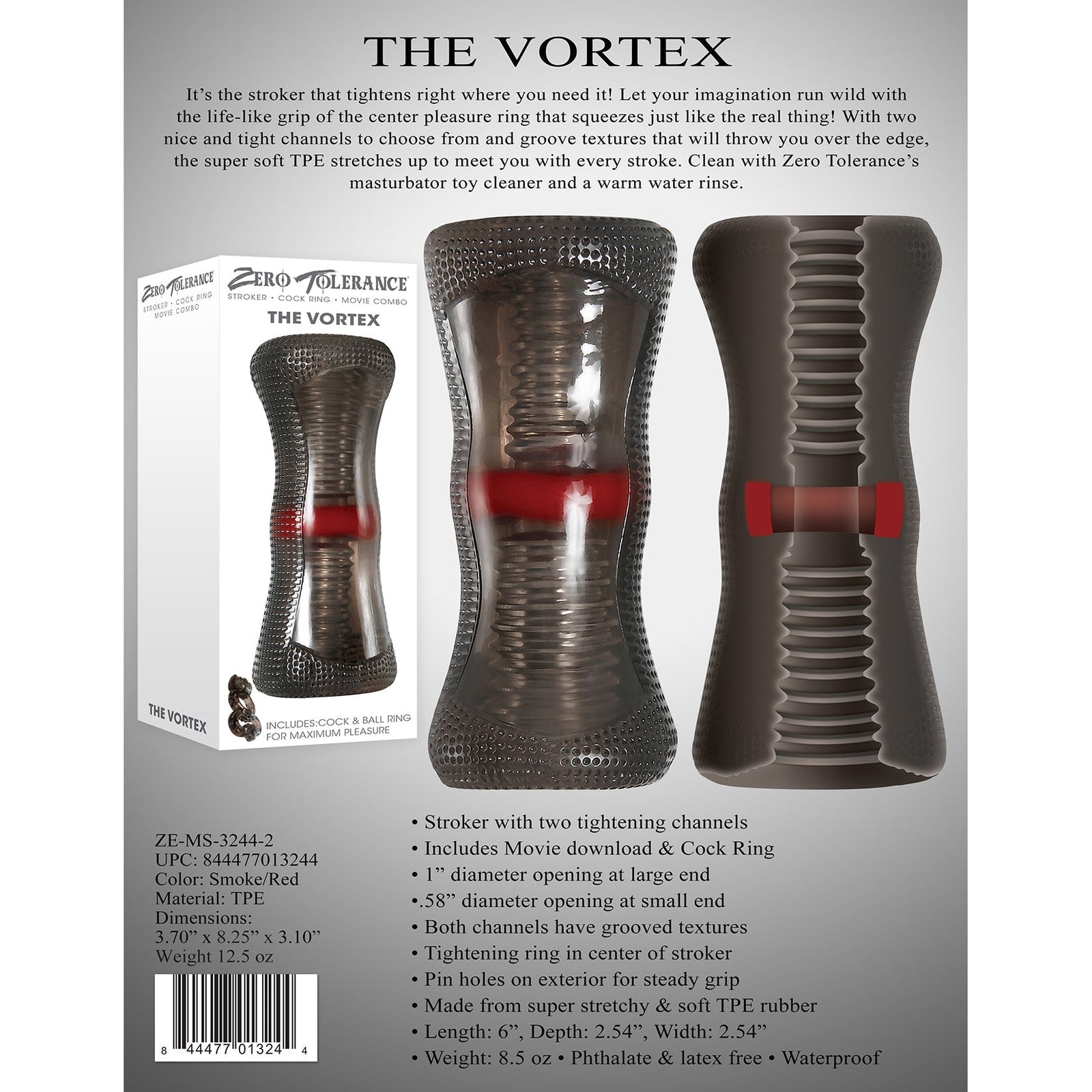 Zero Tolerance - The Vortex Soft Stroker with Vibrating Cock Ring (Black) - Black - Masturbator Soft Stroker (Non