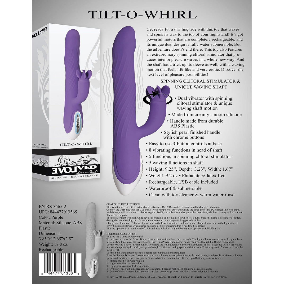 Evolved - Tilt O Whirl Rabbit Vibrator (Purple) Rabbit Dildo (Vibration) Rechargeable 844477013565 CherryAffairs