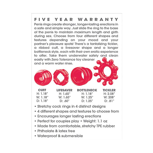 Zero Tolerance - Ring the Alarm Set of 4 Textured Cock Rings (Red) Rubber Cock Ring (Non Vibration) 626143747 CherryAffairs