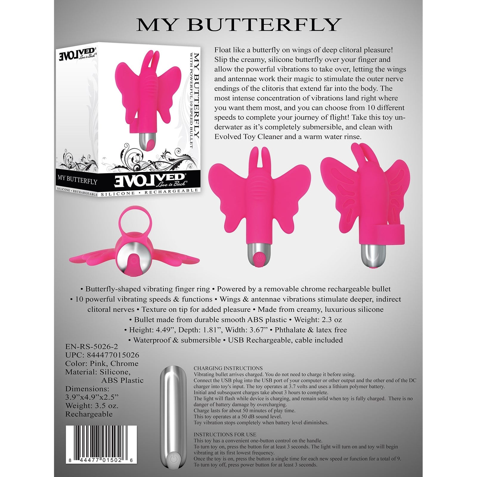 Evolved - My Butterfly Silicone Bullet Finger Vibrator (Pink) - Pink - Clit Massager (Vibration) Rechargeable