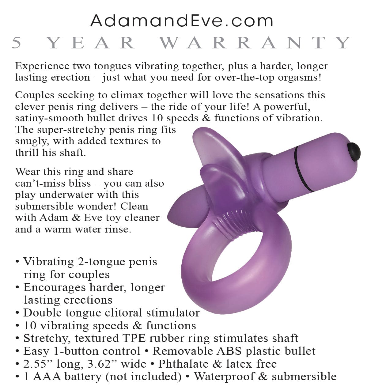 Adam & Eve - Vibrating Clitoral Tongue Cock Ring (Purple) Rubber Cock Ring (Vibration) Non Rechargeable 844477017006 CherryAffairs