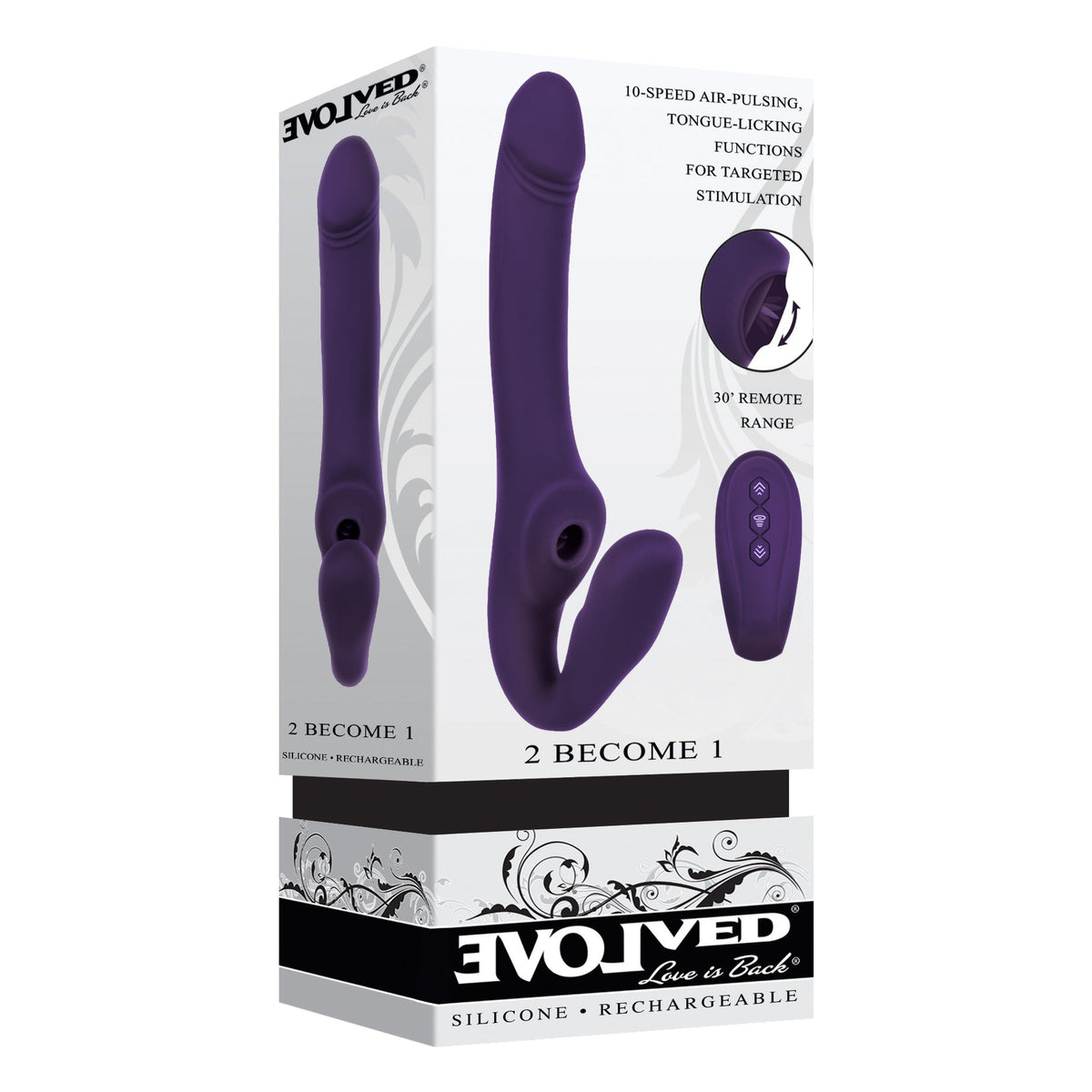 Evolved - 2 Become 1 Remote Tongue Licking Clitoral Air Stimulator Dildo (Purple) - Purple - Strap On with Dildo