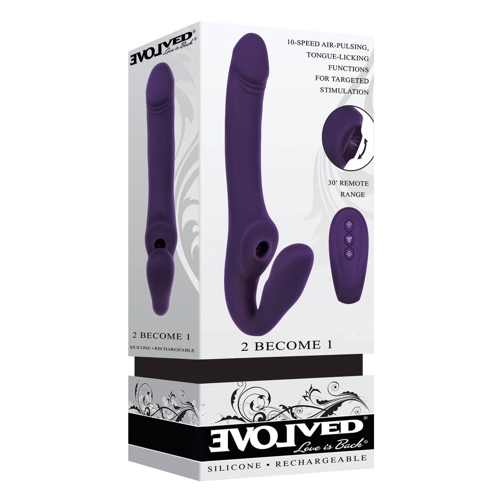 Evolved - 2 Become 1 Remote Tongue Licking Clitoral Air Stimulator Dildo (Purple) - Purple - Strap On with Dildo
