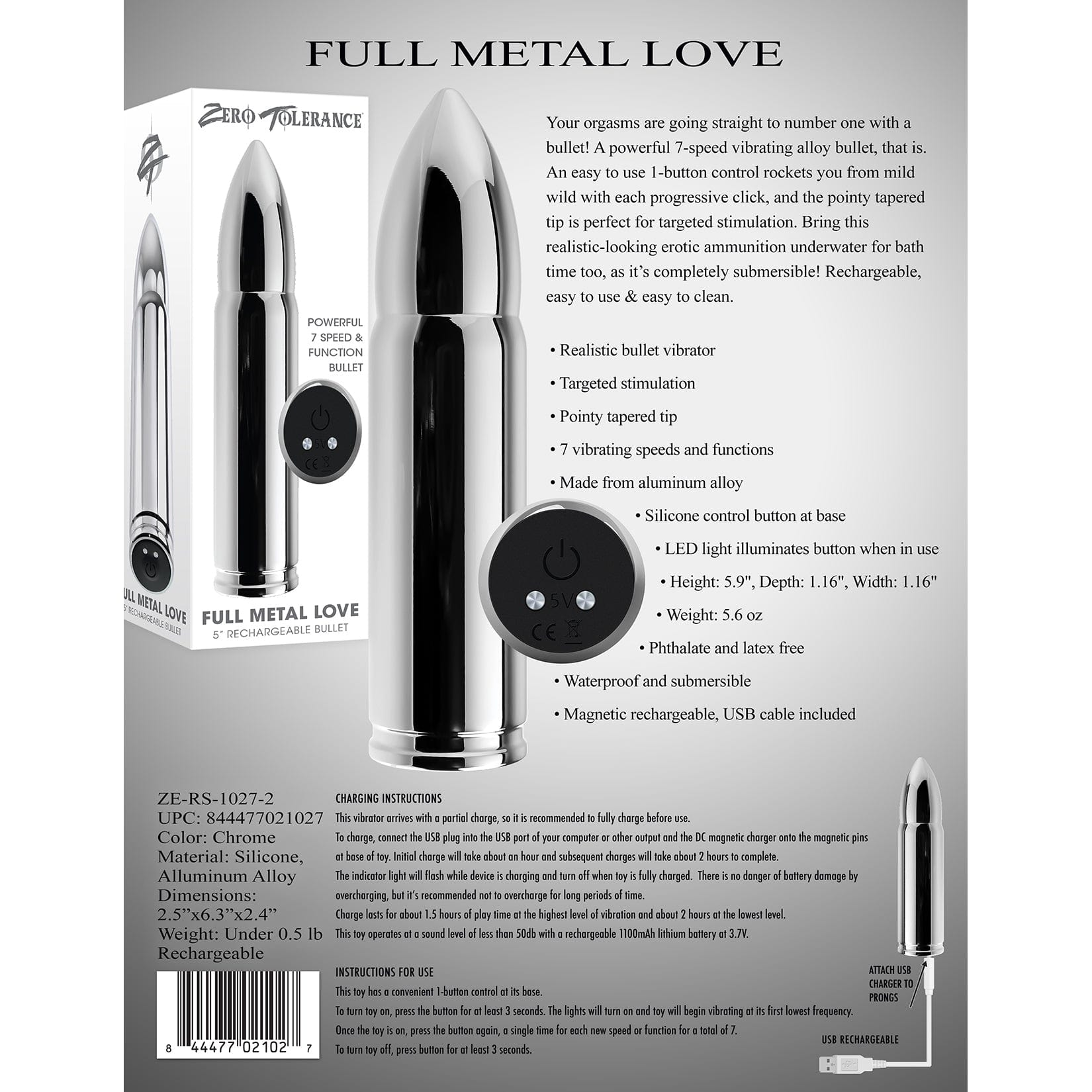Zero Tolerance - Full Metal Love Rechargeable Bullet Vibrator (Silver) Bullet (Vibration) Rechargeable 844477021027 CherryAffairs